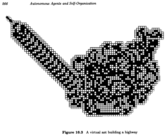 A large complex cluster of black and white cells. Out of the cluster, an ant is creating an ordered highway.